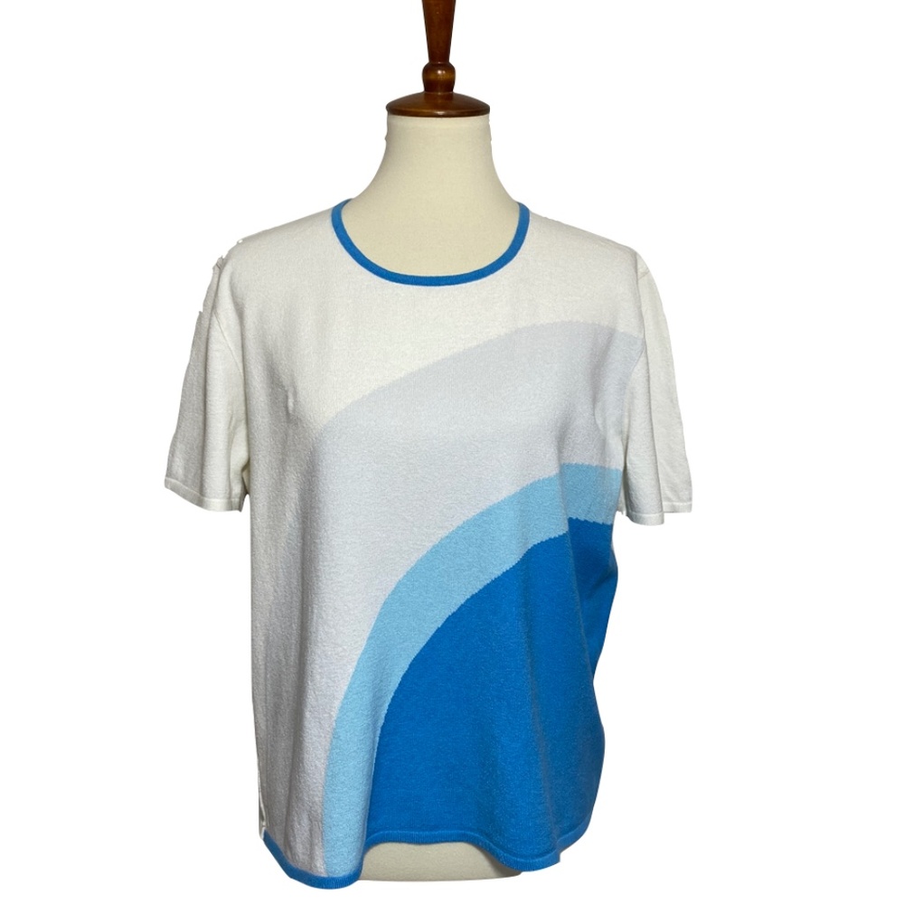 Rodier Color Block Blue and Cream Short Sleeve Sweater Top Size 48 (XL)